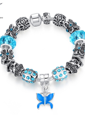 蓝色镶钻琉璃手链 diy大孔琉璃珠环保锌合金饰品