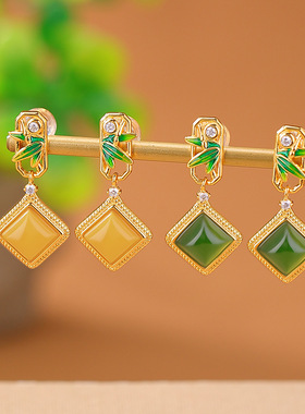 JHEPANs925纯银镀金和田玉碧玉珐琅竹叶菱形几何现代时尚中式耳钉