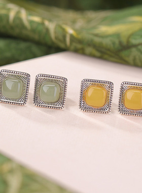 JHEPANs925纯银和田玉晴水玉蜜蜡方形几何简约现代轻奢百搭银耳钉