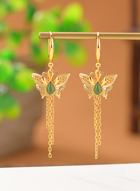 JHEPANs925纯银镀金天然和田玉碧玉耳坠亮金蝴蝶流苏国风耳环耳钩