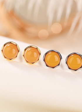 JHEPAN s925纯银镀金蜜蜡切边圆珠耳钉简约百搭ol风复古民族风