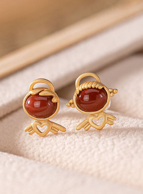 JHEPAN s925纯银镀金南红玛瑙个性可爱小巧简约百搭女士耳钉耳饰