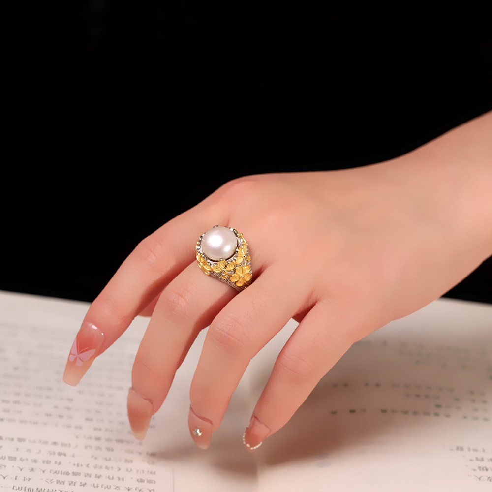 德琳居 s925银花丝镶嵌珍珠戒指国潮花朵气质文艺轻奢大气耳饰