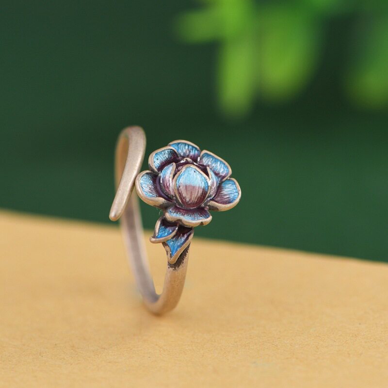 德琳居 s925银复古烧蓝工艺戒指 女款简约开口莲花银饰品指环