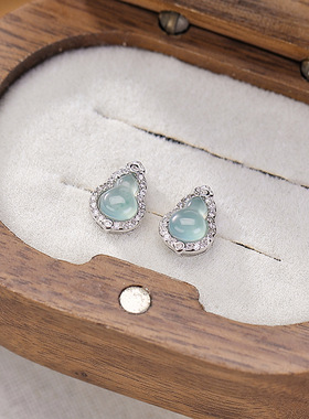 JHEPANs925纯银天然蓝水翡翠葫芦耳钉新中式气质百搭女士耳饰首饰