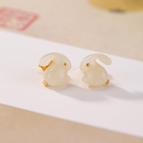 锦河畔 天然和田玉s925纯银镀金可爱兔子生肖动物耳钉耳饰