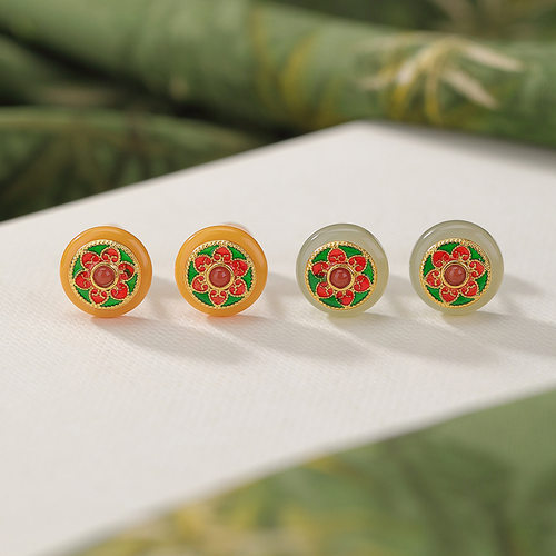 锦河畔 和田玉s925纯银镀金青玉蜜蜡珐琅彩花朵圆形敦煌风耳钉