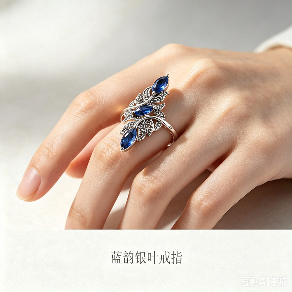 德琳居 s925银饰品泰银手工女士切面蓝刚玉戒指开口设计