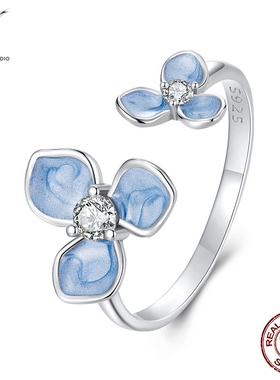 蓝色花开口戒指 s925纯银小花手饰戒指女 可调节简约时尚