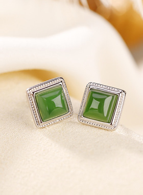 JHEPANs925纯银和田玉碧玉简约小众方形银耳钉百搭气质四边形耳饰