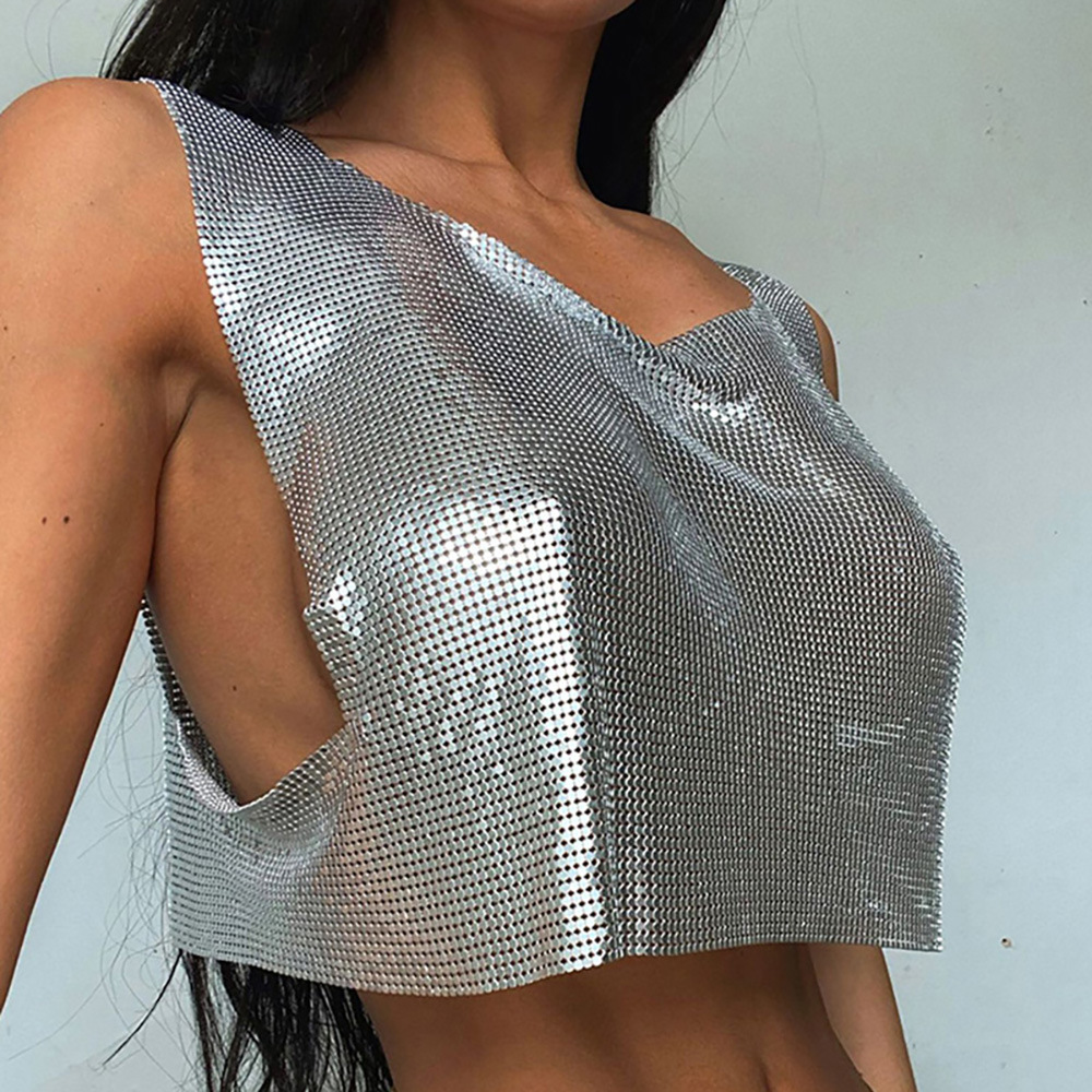 夜店酒吧dj女歌手表演服辣妹时尚金属一字领无袖T恤个性短款上衣