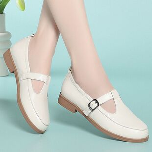 平底单鞋法式玛丽珍女鞋乐福鞋软底小白鞋丁字扣真皮小皮鞋配裙子