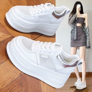 韩版网面透气内增高小白鞋女夏季厚底松糕真皮休闲百搭单鞋