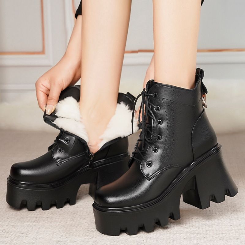 女高跟单靴厚底防水台方头马丁靴