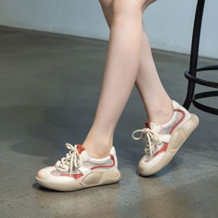 平底镂空网面女鞋 春夏头层牛皮春夏学生系带休闲鞋 柔软厚底鞋