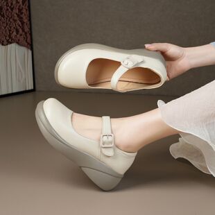 真皮厚底玛丽珍女鞋春夏百搭浅口坡跟妈妈鞋大码不累脚松糕底单鞋