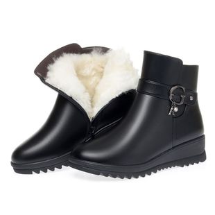 女春秋加绒新款 女士软皮女靴圆头中筒靴雪地靴软皮粗跟平跟短靴子
