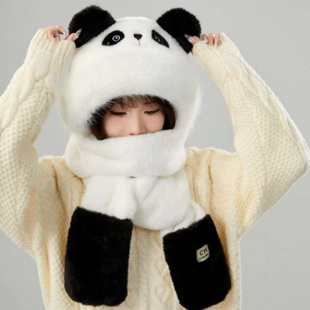 网红同款熊猫帽子女款三件套冬季防寒毛绒帽围脖手套三合一体