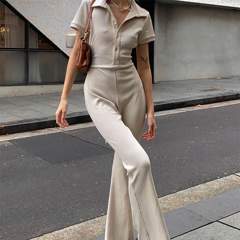 欧美insPOLO领短袖开衫高腰露背系带连体长裤女 紧身显瘦微喇叭裤