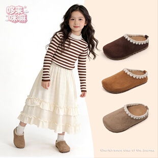 女童复古包头半拖鞋儿童蕾丝一脚蹬勃肯鞋春秋外穿防滑懒人鞋子