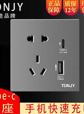 天迹86型银灰色五孔插座带USB智能快充手机充电5孔type-C电源面板