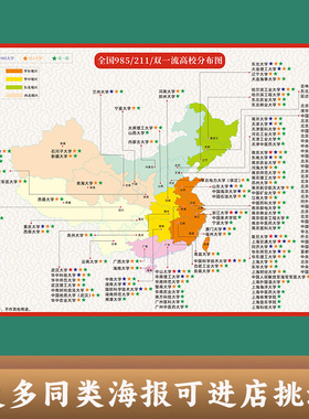 985名校目标墙挂图海报211高校分布图地图增强版大学名校目标墙贴