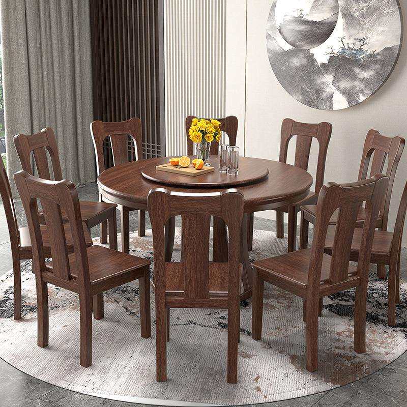 胡桃木餐桌椅组合纯全实木大圆桌子圆形新中式带转盘8/10人吃饭桌