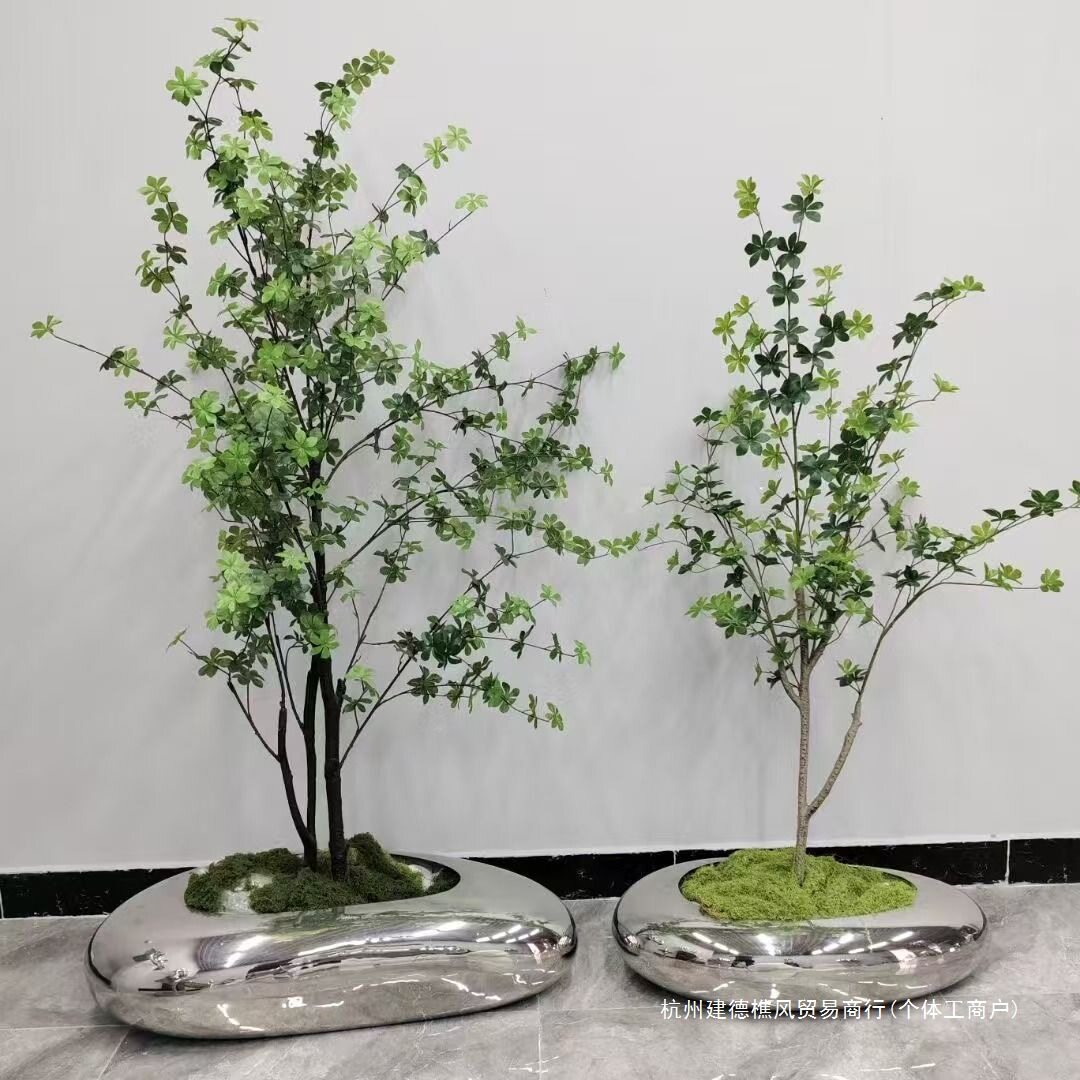 北欧不锈钢花槽鹅卵石懒人圆形落地抽象创意花瓶花盆花器简约摆件