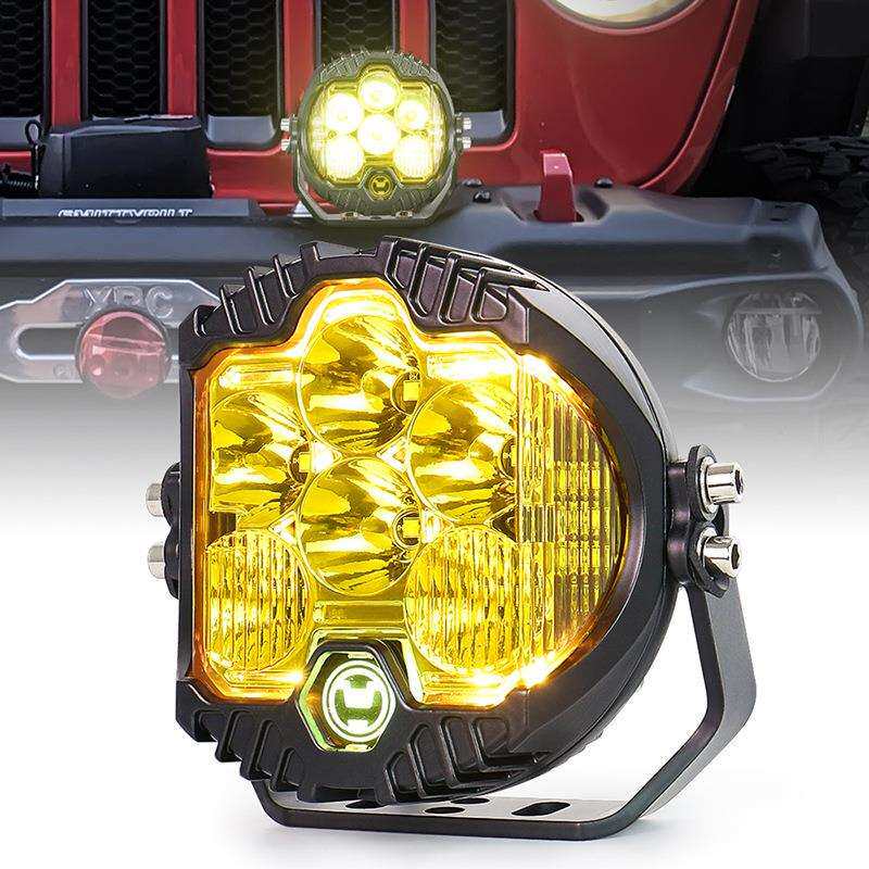V字新款工作灯5寸牧马人越野改装圆形led三面发光黄色面盖检修灯