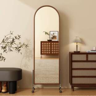 复古落地镜全身镜家用创意杂志书报置物架中古可移动实木试穿衣镜
