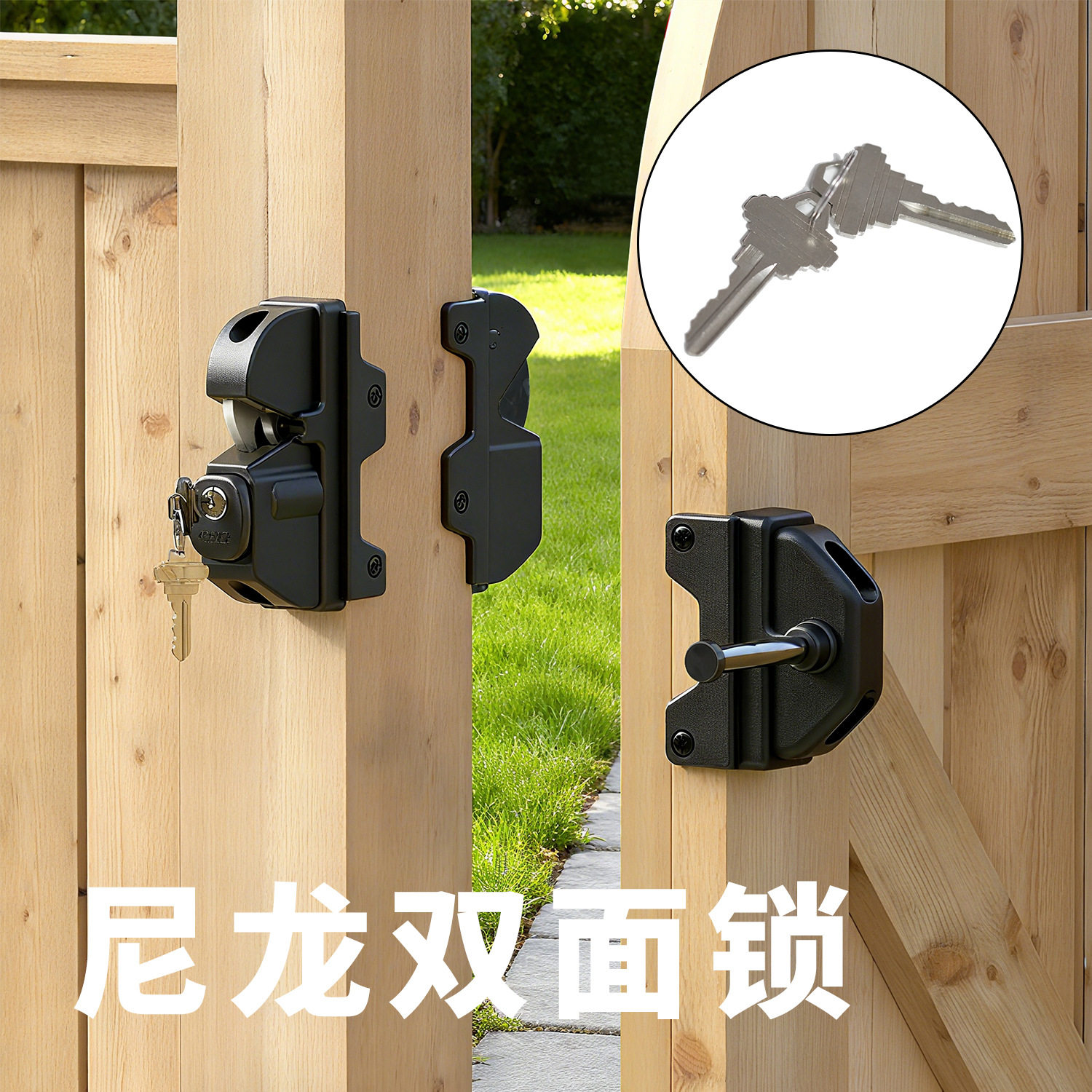美式篱笆铰链栅栏门锁木门铰链锁PVC门尼龙双面锁金属门弹簧门锁