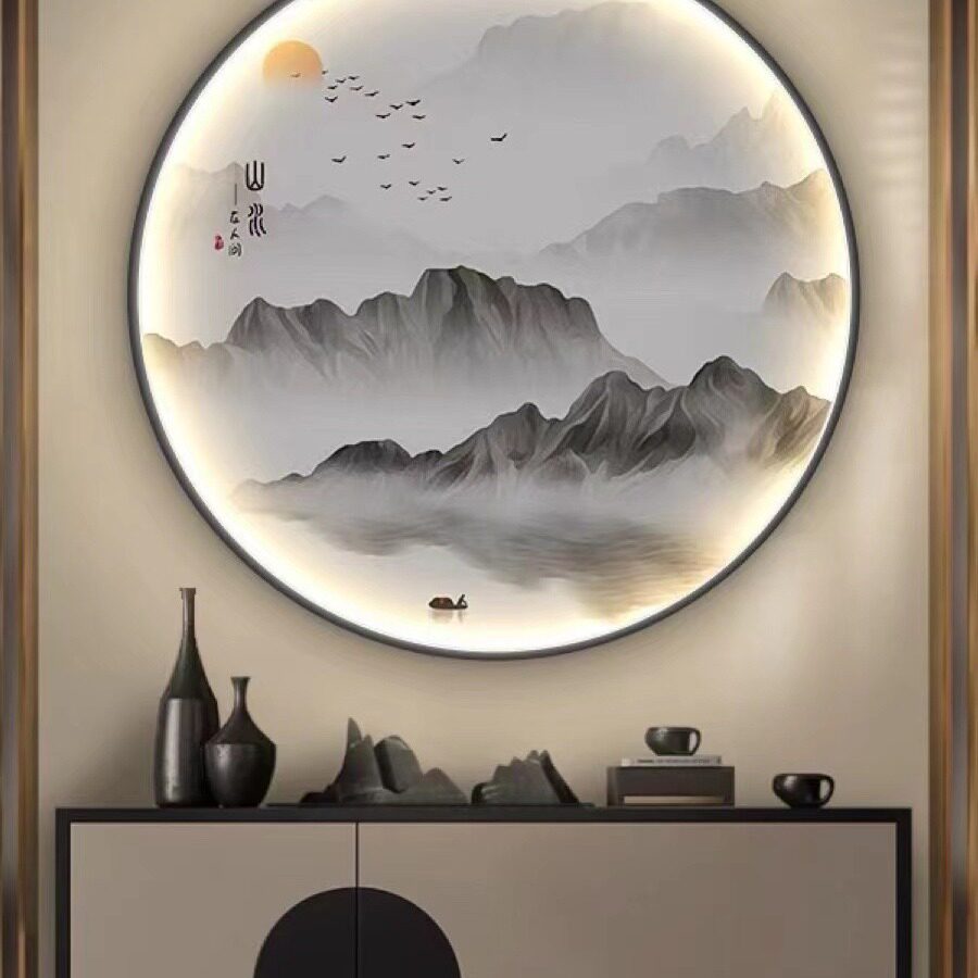 新中式装饰画入户玄关LED灯画带灯壁画茶室走廊铝合金圆形挂画