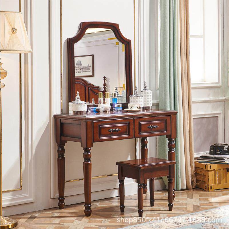 美式实木梳妆台带镜子抽屉储物桌现代简约化妆桌子凳子卧室组合