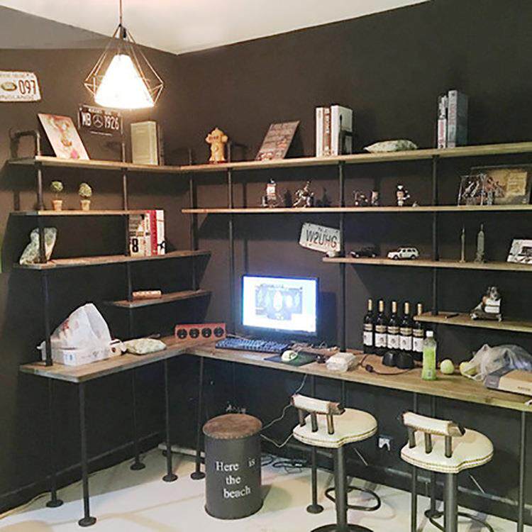 靠墙卧室书桌书架组合实木创意电脑桌复古书房铁艺柜置物架