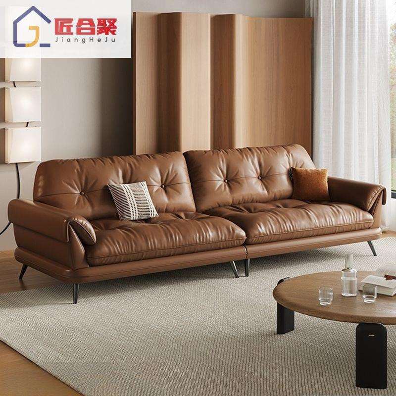 意式复古真皮沙发极简直排沙发中古风家用小户型客厅组合美式沙发