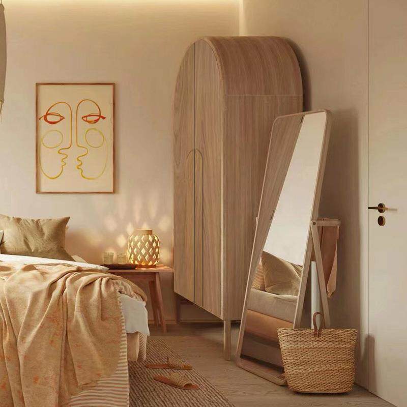 北欧简约实木双门衣柜民宿原木色收纳储物柜儿童日式拱形简易衣橱