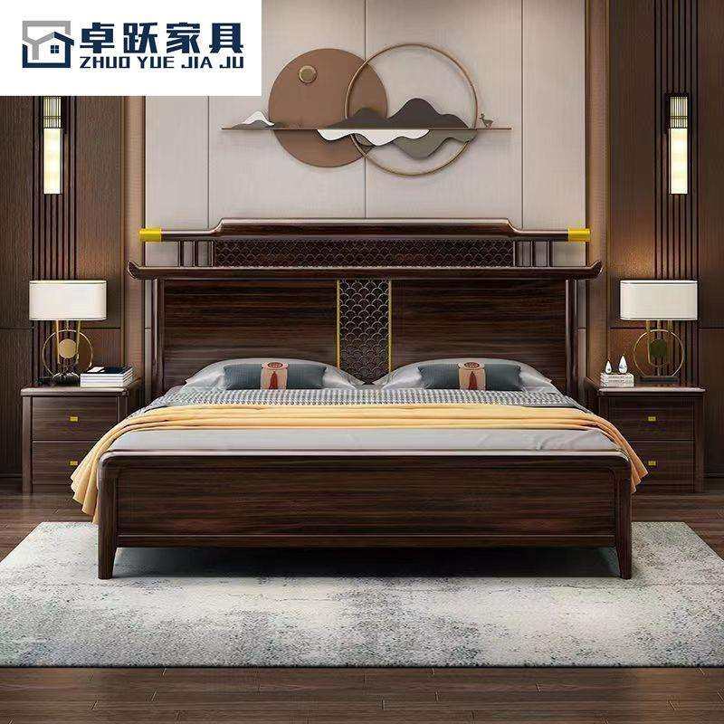 新中式乌金木实木床1.8米双人床现代简约主卧家具带储物抽屉婚床