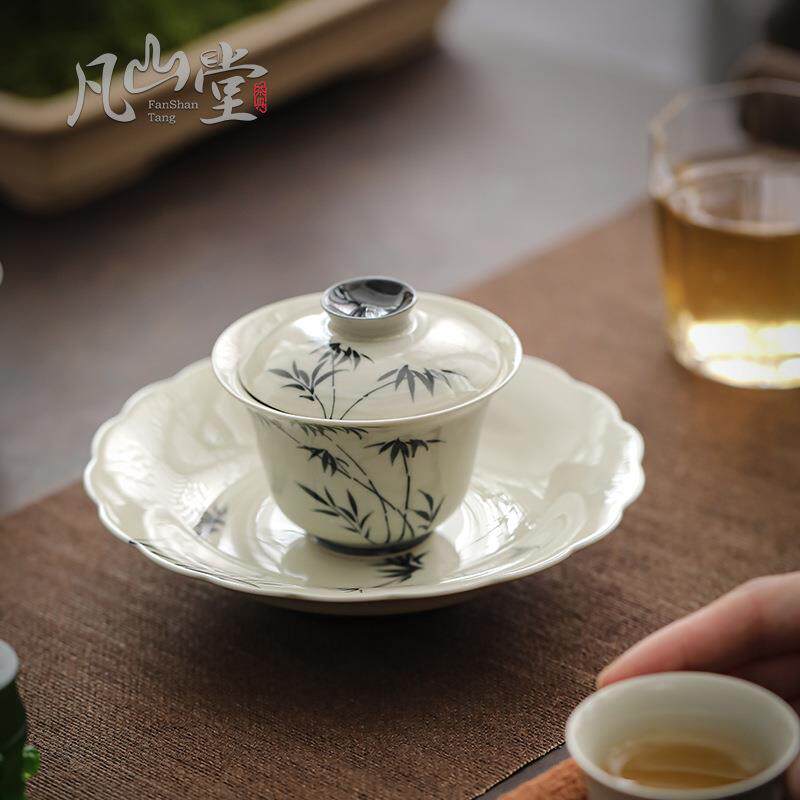 草木灰粉引手绘三才盖碗防烫小茶碗中式墨竹老式单个泡茶壶承白瓷