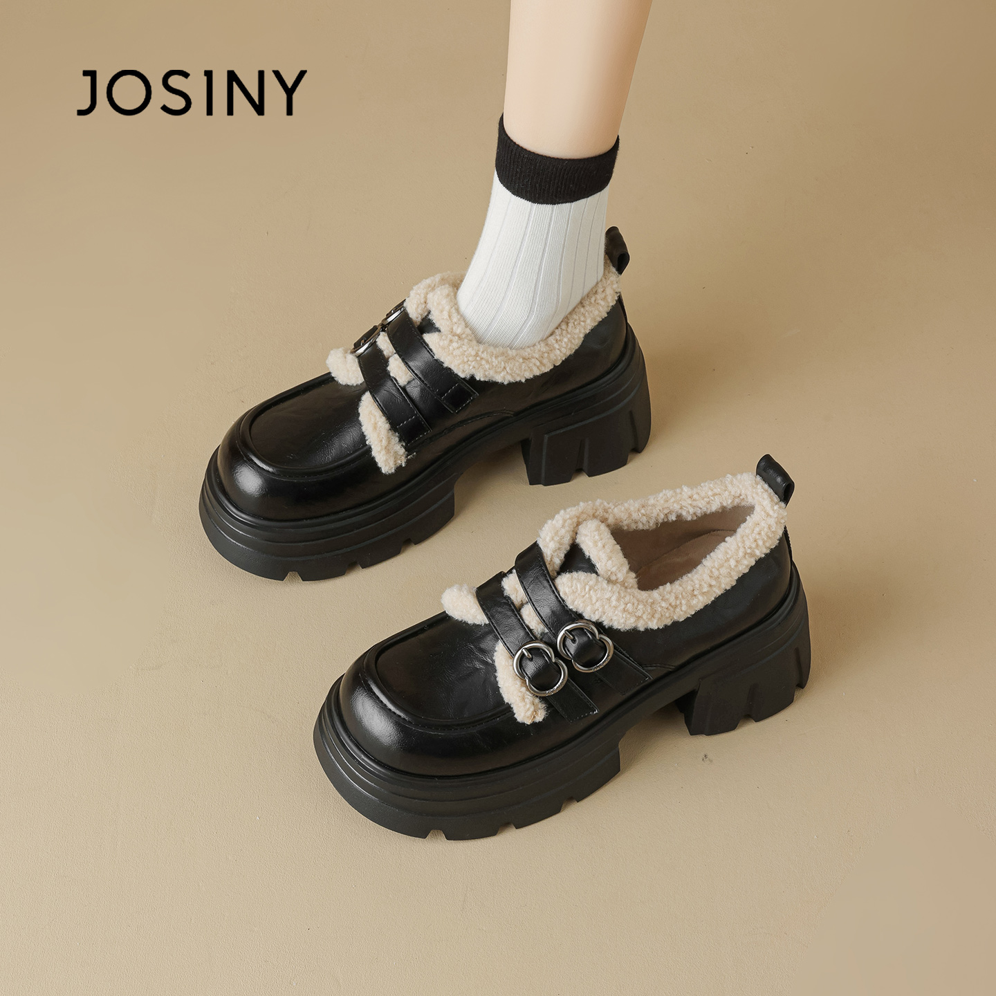 卓诗尼厚底乐福鞋增高小皮鞋加绒