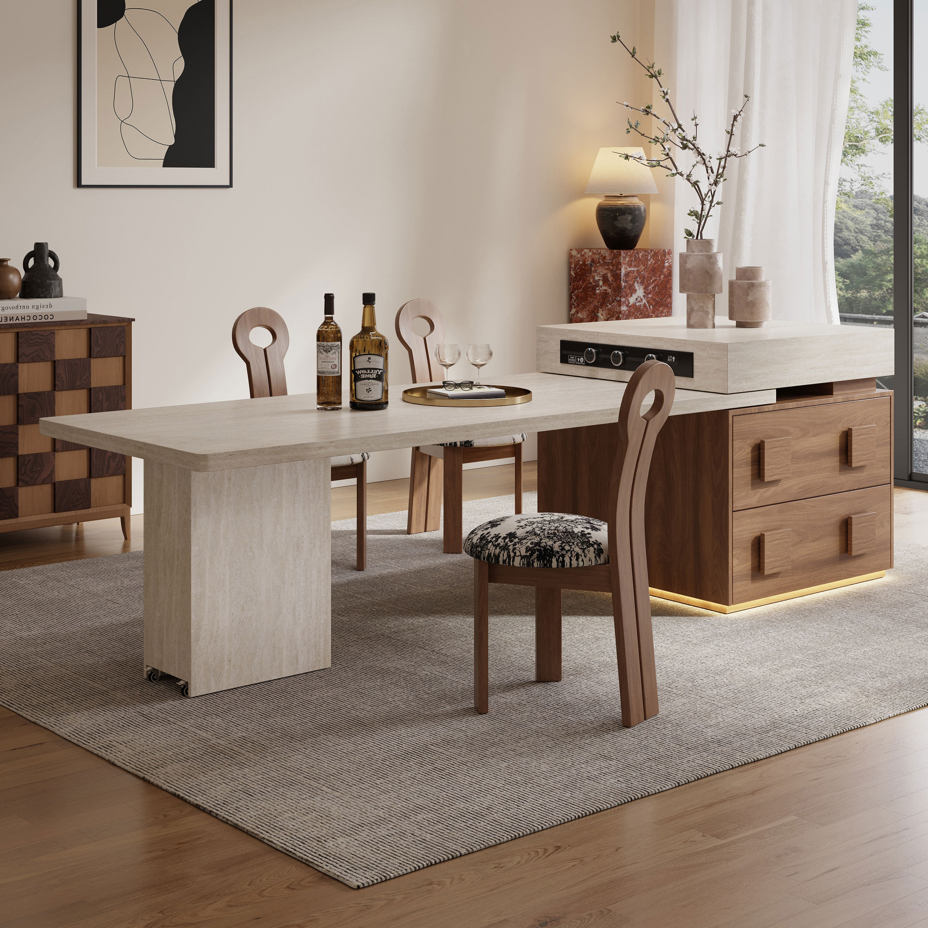 意式极简加厚包边岩板岛台餐桌一体可伸缩复古风餐厅高端中岛台桌