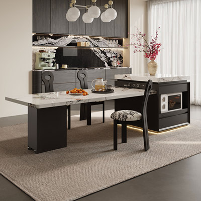 可伸缩岩板岛台餐桌一体家用小户型中岛台厨房多功能意式极简导台