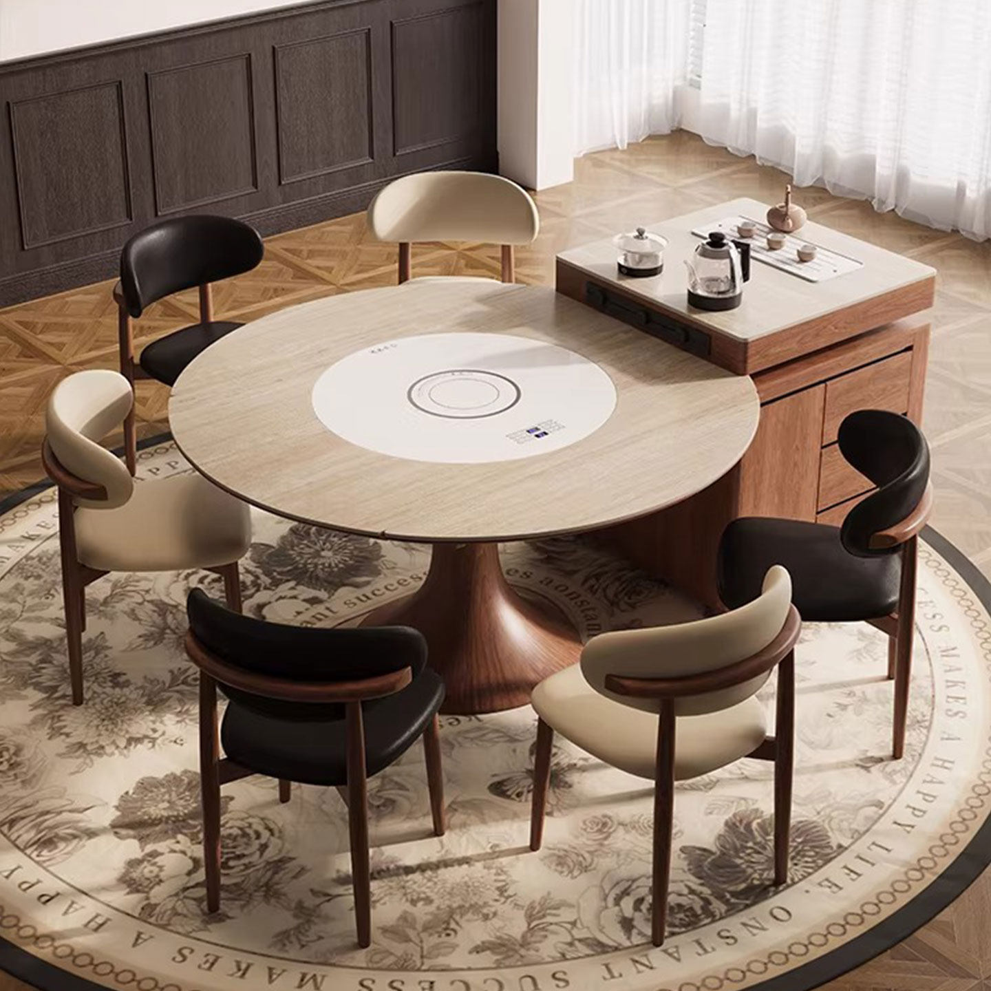 洞石岩板岛台餐桌一体伸缩胡桃色多功能电磁炉暖菜板转盘实木饭桌,住宅家具,岩板餐桌,淘宝优惠券,粉丝福利购,淘宝优惠卷