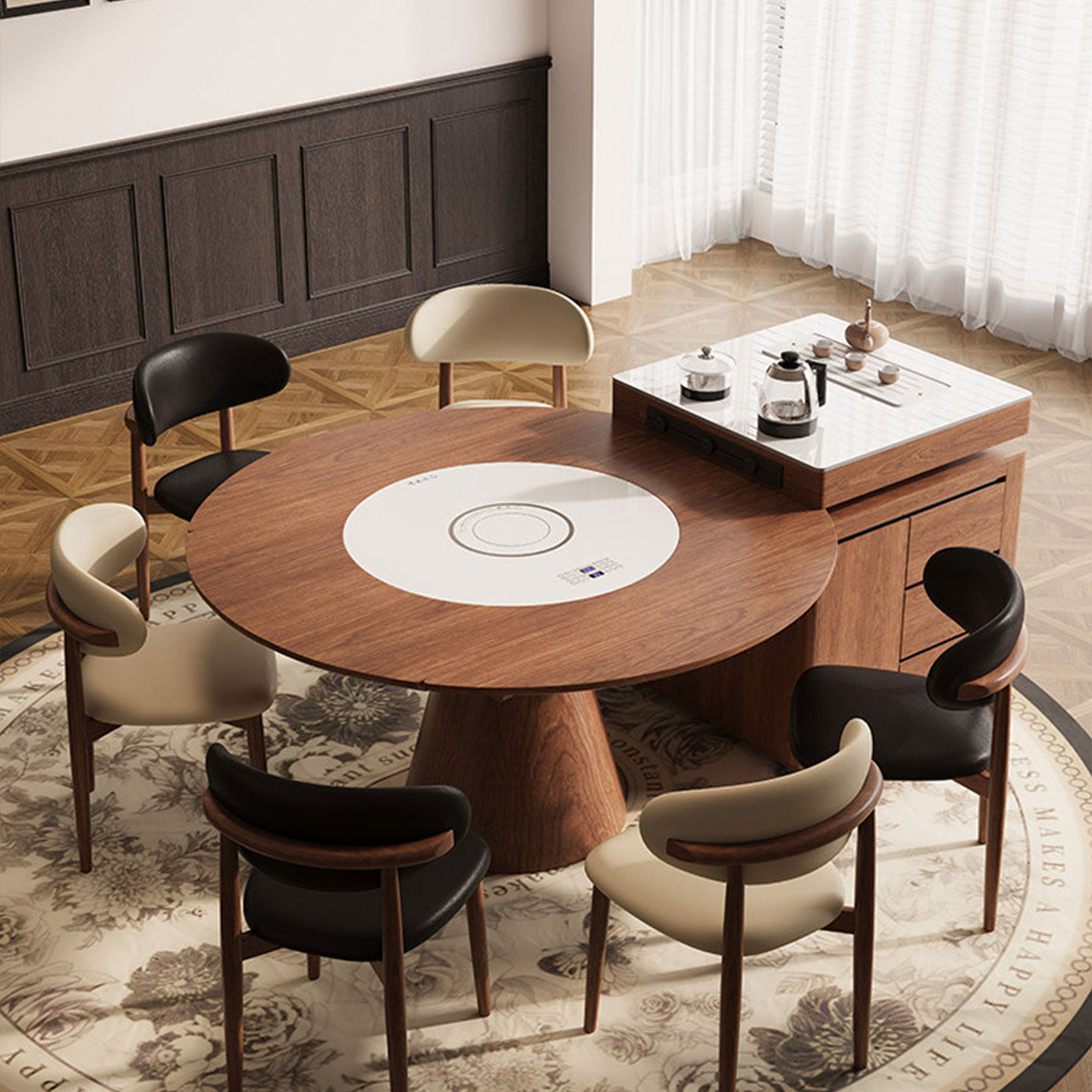 白腊木餐桌方圆两用内嵌暖菜转盘电磁炉实木多功能岛台吃饭桌一体,住宅家具,岩板餐桌,淘宝优惠券,粉丝福利购,淘宝优惠卷