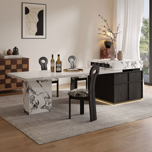 岛台餐桌一体可伸缩家用大户型高端宝格丽白岩板多功能中岛台桌