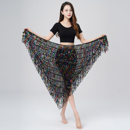 舞蹈腰巾亮片流苏臀巾裹裙西米重工鼓舞长款表演出腰裙肚皮舞腰链