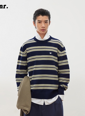 MLMR秋季新款时尚圆领复古条纹撞色徽章刺绣潮毛衣针织衫男女