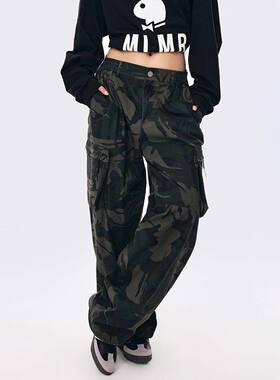 MLMR潮流男女同款早秋新款宽松休闲长裤迷彩美式工装裤阔腿裤松紧