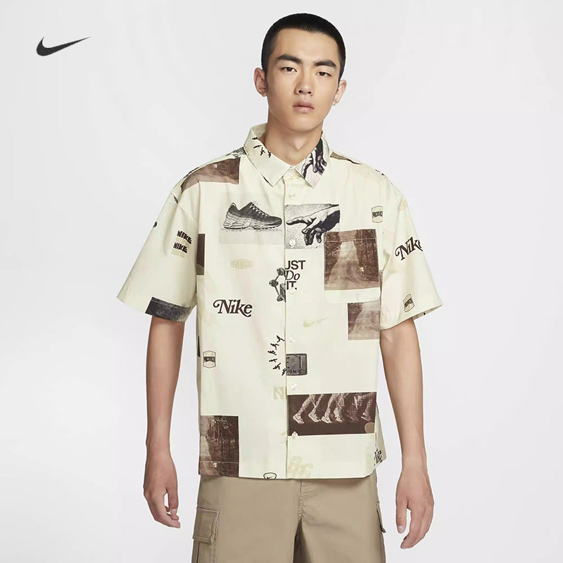 耐克/NIKE男子运动宽松休闲纯棉印花翻领短袖衬衫HM4453-010-113