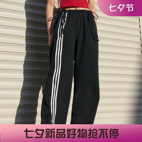 阿迪达斯三叶草女子宽松休闲缎带条纹运动直筒长裤KY5688 KY5689