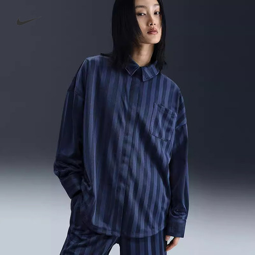 耐克/NIKE女子运动宽松休闲条纹轻盈翻领长袖衬衫HV1957-110-410